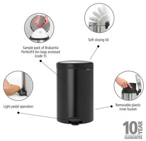 Coș de gunoi negru mat cu pedală din oțel 20 l NewIcon – Brabantia