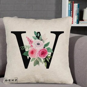 Cadou Personalizat - Perna Personalizata Monograma Florala Litera W cu Trandafiri si Anemona, 40x40 cm, Bej Canapea, Husa Detasabila, Perna Inclusa, BEKZ®