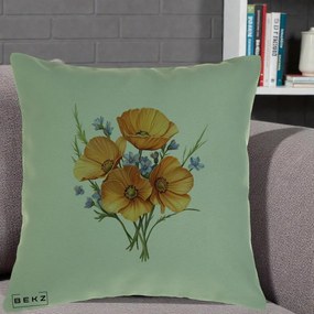 Perna Decorativa Maci Portocalii cu Floricele Albastre, 40x40 cm, Verde, Husa Detasabila, Perna Inclusa, BEKZ®
