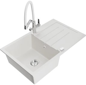 Mexen Bruno chiuvetă de granit cu un compartiment, cu picurător și baterie de bucătărie Duo, Albă - 6513-20-671701-02