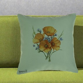 Perna Decorativa Maci Portocalii cu Floricele Albastre, 40x40 cm, Verde, Husa Detasabila, Perna Inclusa, BEKZ®