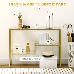 HOMCOM Consolă Aurie cu Masă de Cafea din Sticlă Temperată 100 cm, Rafturi de Depozitare, Design Elegant pentru Hol | Aosom Romania
