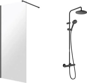 Pachet paravan dus Walk-In Omnires Marina negru 100x200 cm si coloana de dus Hansgrohe Vernis Blend negru