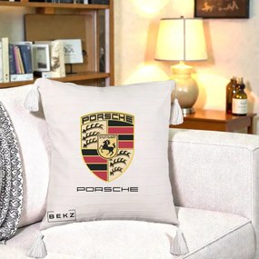 Perna Personalizata Porsche Stuttgart, 40x40 cm, Bej cu Franjuri, Husa Detasabila, Perna Inclusa, BEKZ®