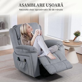HOMCOM Scaun Electric cu Masaj prin Vibrații și Căldură, Scaun din Piele pentru Vârstnici cu Telecomandă și Buzunar Lateral, 90x95x103 cm, Gri