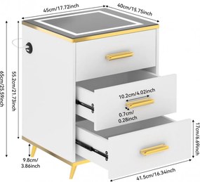 NOA226 - Noptiera alba 45 cm, cu 3 sertare, cu LED si USB pentru dormitor - Alb-Auriu