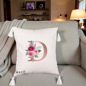 Cadou Personalizat - Perna Personalizata Monograma Rose Gold Litera D, 40x40 cm, Bej cu Franjuri, Husa Detasabila, Perna Inclusa, BEKZ®