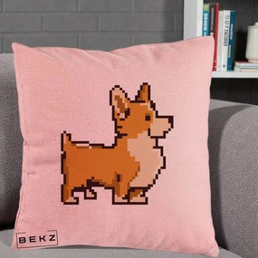 Perna Personalizata Corgi Pixel Art, 40x40 cm, Roz, Husa Detasabila, Perna Inclusa, BEKZ®