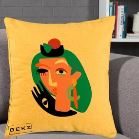 Perna Decorativa Portret Abstract Matisse Turcoaz, 40x40 cm, Galben, Husa Detasabila, Perna Inclusa, BEKZ®