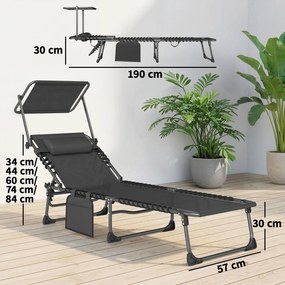 Outsunny Set de 2 șezlonguri pliabile cu suport pentru cap parasolar buzunar lateral și spătar reglabil în 5 poziții negru | Aosom Romania