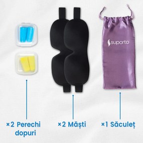 Set 2x Masti de dormit Suporto, design 3D fara presiune pe ochi, reglabile, cu huse Lila, blocheaza lumina in totalitate, si 2 seturi de dopuri de