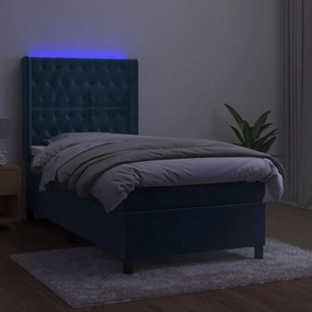 Pat cu arcuri, saltea si LED, bleumarin, 90x190 cm, catifea Albastru inchis, 90 x 190 cm, Design cu nasturi