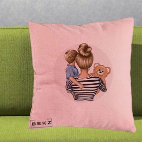 Cadou pentru Mama - Perna Personalizata Mama si Baietelul cu Ursulet, 40x40 cm, Roz, Husa Detasabila, Perna Inclusa, BEKZ®