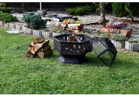 Vatră portabilă pe lemn cu grătar neagră/patină