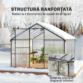 Seră de grădină Outsunny din aluminiu și policarbonat, 7,5㎡, cu ușă cu balamale, 2 ferestre reglabile, sistem de drenaj, anti-UV, 304x247x205cm, negru | Aosom Romania