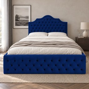 Pat tapițat din catifea Imperio cu nasturi 140×200 cm, bleumarin, cu ladă de depozitare
