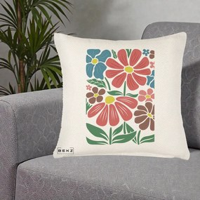 Perna Decorativa Flori Grafice Colorate Retro, 40x40 cm, Crem Reliefat, Husa Detasabila, Perna Inclusa, BEKZ®