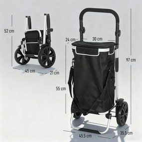 HOMCOM Cărucior de cumpărături pliabil 40 L caddie portabil pe roți cu mâner telescopic, 45,5x35,5x97cm, negru | Aosom Romania