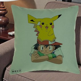 Perna Personalizata Ash si Pikachu, 40x40 cm, Verde, Husa Detasabila, Perna Inclusa, BEKZ®