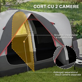 Outsunny Cort de Camping pentru 6-8 Persoane cu 2 Camere Separate și Uși cu Fermoar, 450x215x180 cm, Gri | Aosom Romania
