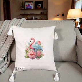 Perna Decorativa Flamingo cu Hibiscus Tropical, 40x40 cm, Bej cu Franjuri, Husa Detasabila, Perna Inclusa, BEKZ®