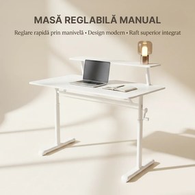 ERGOLEV WX-007 – Birou Reglabil Manual cu Înălțime Ajustabilă 65–90 cm, Blat Monobloc din PAL de Înaltă Densitate 15 mm, Cadru Metalic din Oțel, Raft Superior Integrat, 100x60 cm, Alb