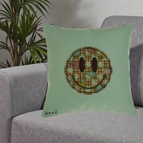 Perna Decorativa Smiley Face de Toamna cu Tartan si Dovlecei, 40x40 cm, Verde, Husa Detasabila, Perna Inclusa, BEKZ®