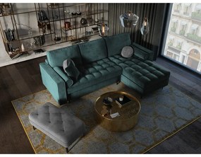 Colțar extensibil din catifea cu șezlong dreapta Milo Casa Santo, verde petrol