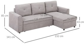 HOMCOM Canapea extensibilă de 3 locuri cu funcție de pat, canapea extensibilă cu șezlong, tapitată, Gri | Aosom Romania