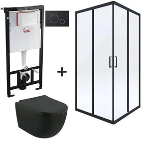 Set cabina dus cu usa culisanta, vas wc rimless cu capac soft close si rezervor wc incastrat cu clapeta Foglia