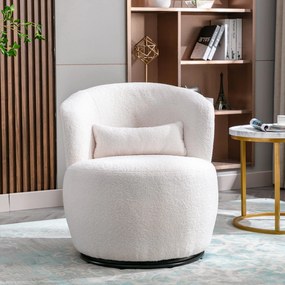 Scaun Birou Girevol din Pluș Teddy cu Pernă Lombară, Bază Metalică Rotativă la 360°, Capacitate 100 kg, 65x70x73 cm, Alb