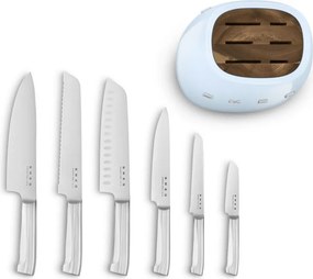 Set de cutite cu suport SMEG KBSF02PB, 7 piese, Manere din lemn de salcam, Otel inoxidabil german, Albastru pastel