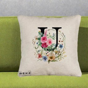 Cadou Personalizat - Perna Personalizata Monogram Litera U cu Flori Acuarela, 40x40 cm, Bej Canapea, Husa Detasabila, Perna Inclusa, BEKZ®