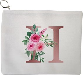 Portfard Cosmetice tip Plic, Cu litera H Rose Gold si Trandafiri, 23x18 cm, Alb, BEKZ®