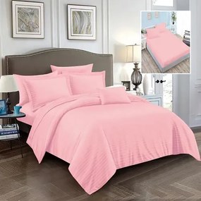 Lenjerie de pat Damasc Policoton cu 6 piese, cearceaf cu elastic 160x200cm, pentru pat dublu, roz deschis, IMP56
