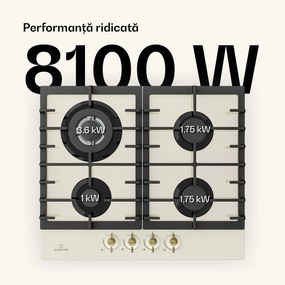 Klarstein Victoria 4 Zonen, plită pe gaz, 4 arzătoare, sticlă ceramică, alb fildeș