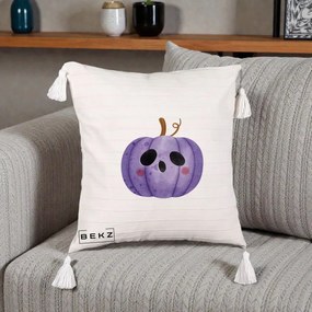 Perna Decorativa Dovleac Halloween Mov Kawaii, 40x40 cm, Bej cu Franjuri, Husa Detasabila, Perna Inclusa, BEKZ®