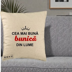Cadou pentru Bunica - Perna Personalizata Cea Mai Buna Bunica Din Lume Coroana Neagra, 40x40 cm, Bej, Husa Detasabila, Perna Inclusa, BEKZ®