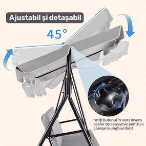 Balansoar grădină (3 Persoane), Dimensiune XL (170 x 112 x 151 cm), cu Pernă inclusă, Acoperiș rabatabil, Picioare anti-alunecare și Cadru solid, Oțel / Textil impermeabil (Oxford), Gri