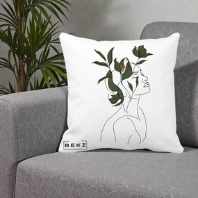 Perna Decorativa Portret Feminin Crin Verde, 40x40 cm, Alba Mata, Husa Detasabila, Perna Inclusa, BEKZ®