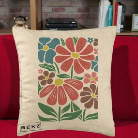 Perna Decorativa Flori Grafice Colorate Retro, 40x40 cm, Bej, Husa Detasabila, Perna Inclusa, BEKZ®