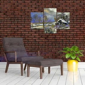 Tablou -Cabane într-un peisaj de iarnă, pictură în ulei (90x60 cm)