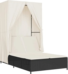 vidaXL Șezlong de plajă dublu cu acoperiș și perdele, negru, poliratan
