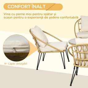 Outsunny Set Grădină din Ratan din 5 Piese, Set de Exterior cu Masă Rotundă și 4 Scaune cu Perne, 82x82x50 cm, Bej | Aosom Romania