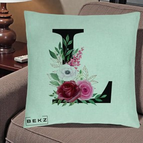 Cadou Personalizat - Perna Personalizata Monograma Florala Litera L, 40x40 cm, Verde Menta, Husa Detasabila, Perna Inclusa, BEKZ®