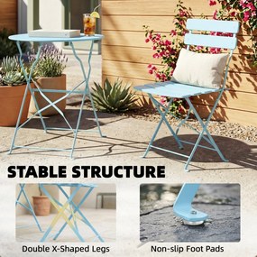 Outsunny Set bistro de grădină pliabil 3 piese, masă bistro cu 2 scaune, șezut cu lamele, picioare duble în X, albastru deschis | Aosom Romania