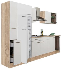 Mobilă de bucătărie Yorki 300, corp din stejar sonoma, față alb satinat, frigider cu congelator superior