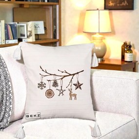 Perna Decorativa Ornamente de Lemn pe Ramura, 40x40 cm, Bej cu Franjuri, Husa Detasabila, Perna Inclusa, BEKZ®