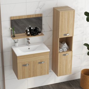 kleankin Set de mobilier de baie oglindă coloană + dulap sub chiuvetă suspendat cu bol, dulap coloană natural | Aosom Romania