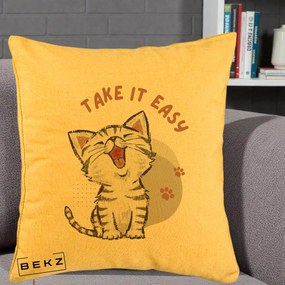 Perna Personalizata Take It Easy Cat, 40x40 cm, Galben, Husa Detasabila, Perna Inclusa, BEKZ®